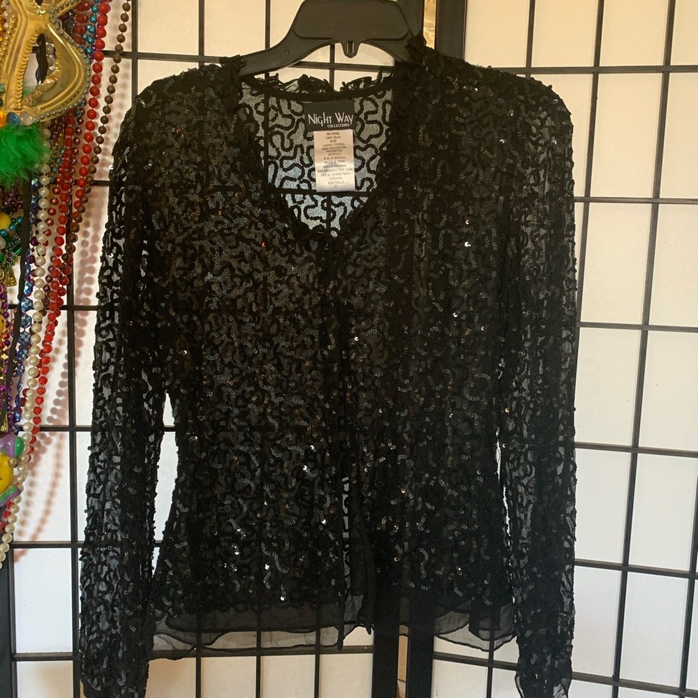 EUC Night Way Collections Black Silk and Sequin Sheer Blouse size Small